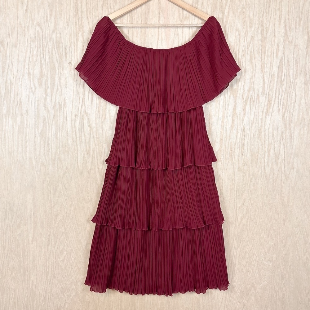 Entro Gala Pleated Off The Shoulder Ruffle Midi Dress Wine Red - Picture 5 of 9